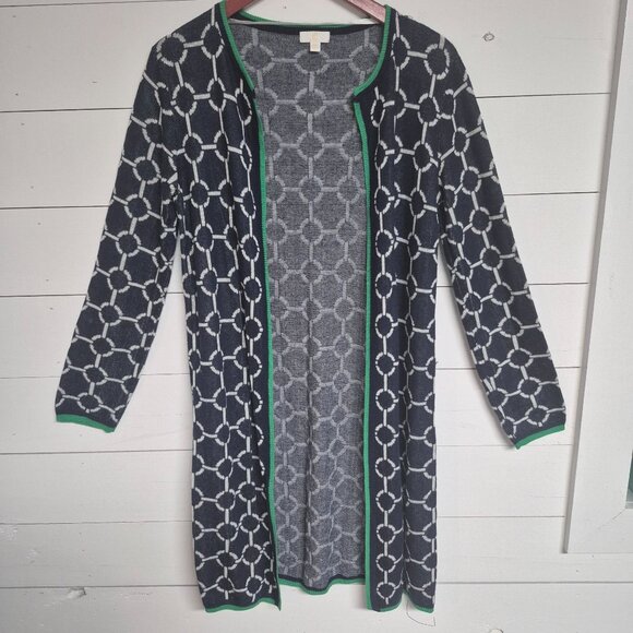 C by Bloomingdales Navy & White Chain Pattern Open Front Cardigan With Green Tri - Picture 1 of 7